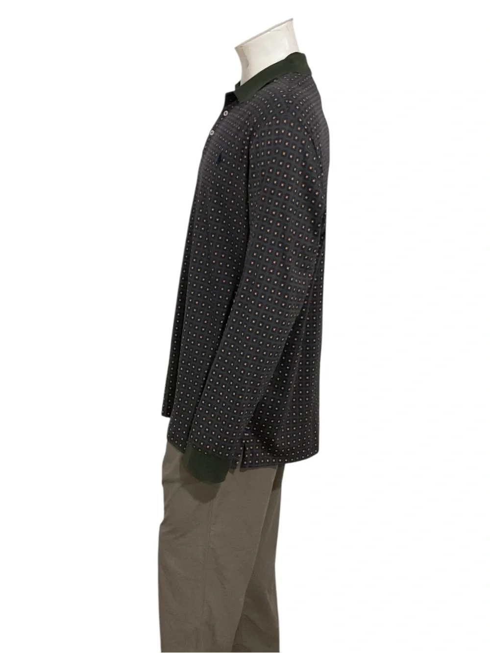 Ralph Lauren Dark Green & Black Long-Sleeve Polo Shirt with Micro Square Print